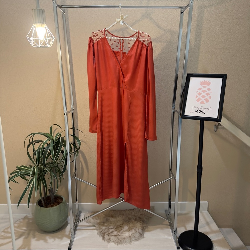 NSR size L copper long sleeve sheer solder accent side leg slit lightweight maxi